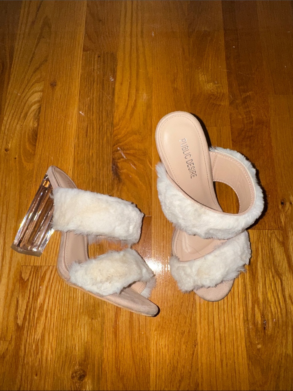 Public Desire Cream Faux-Fur Clear Block Heel Slides